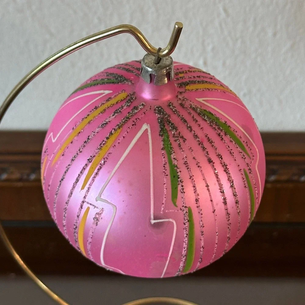 Vtg Poland Jumbo 4'' Polish Mica Ornament Pink Glass Christmas Ball MCM